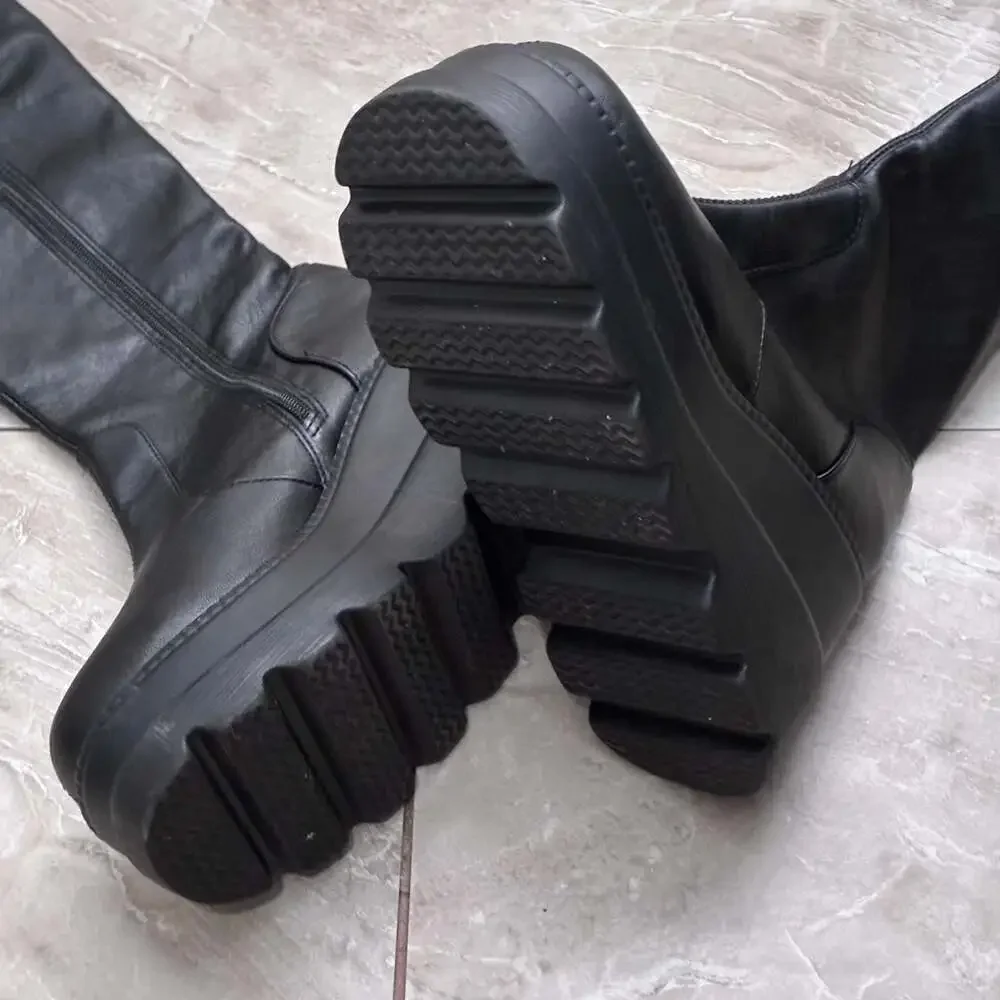 Demonia Shaker-100 Vegan Leather Platform Knee High Boots
